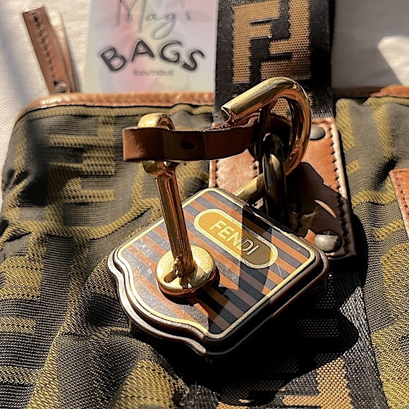 Fendi: Mini Padlock & Key Zucca FF Monogram Nylon Leather Brown Tote Bag *RARE* - Picture 7 of 17
